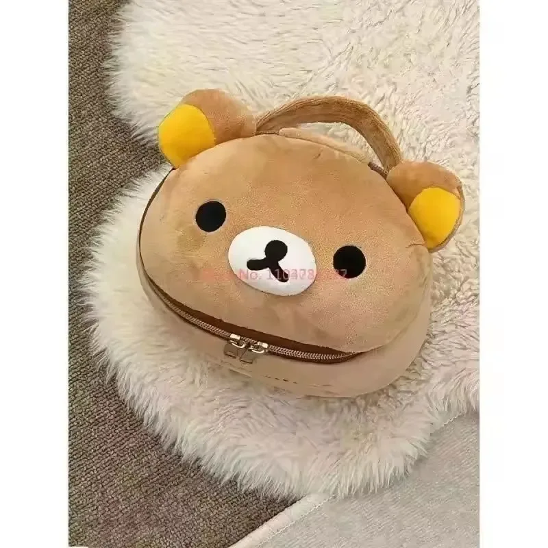 nouvelle trousse de maquillage et de rangement portable en peluche rilakkuma ours fille, mignonne, elliptique, stéréoscopique, motif dessin animé, facile à ranger