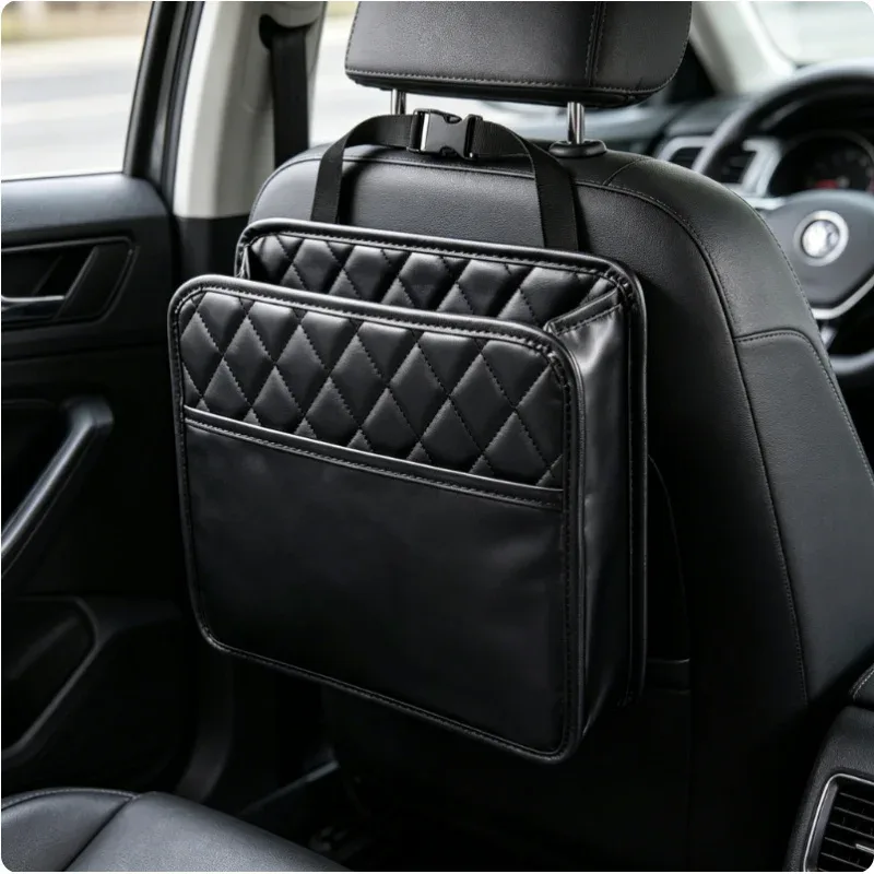 Organisateur universel pour dossier de siège de voiture, en cuir imperméable, multifonctionnel, sac de rangement suspendu pliable avec grand bac à déchets