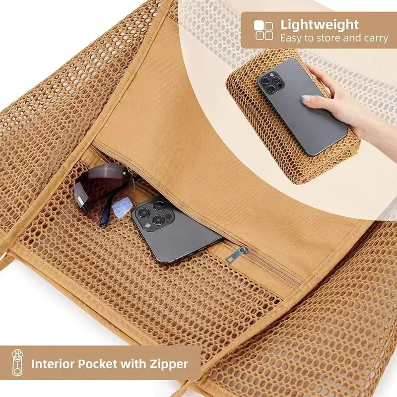 sac de plage grande capacité pour femme, pliable, en maille, sac de natation, sac à bandoulière tissé avec ouverture supérieure pour les voyages et le shopping