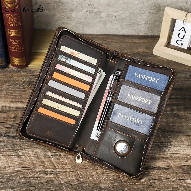 porte-passeport familial en cuir véritable contact's avec emplacement airtag, porte-stylo, pochette à monnaie, portefeuille de voyage et de passeports