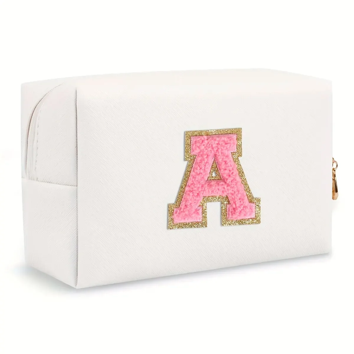 trousse de maquillage preppy pour femmes, trousse de toilette de voyage, sac à cosmétiques avec lettres en chenille, pochette étanche en cuir pu, joli organisateur à fermeture éclair-ll