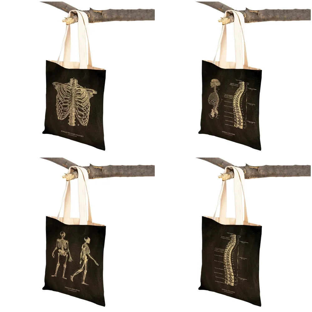 vintage squelette anatomique tableau crâne shopper sac fourre-tout dame sac à main décontracté toile coeur double impression femmes sacs à provisions
