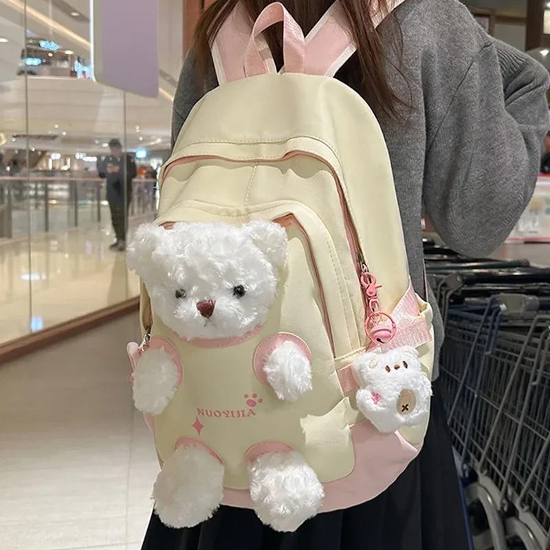 Sac à dos scolaire grande capacité pour adolescentes, motif ours en peluche mignon et kawaii, idéal pour les collégiennes