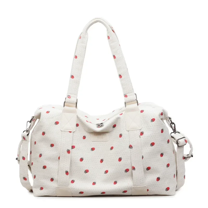 sac fourre-tout de voyage en velours côtelé grande capacité, sac à main de voyage motif fraise avec compartiment à chaussures, sac de sport et de fitness pour femme, livraison directe