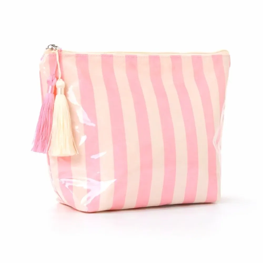trousse de toilette de voyage portable à franges, design mignon, fermeture éclair, sac cosmétique rayé en pvc, grande capacité, sac brillant pour pinceaux de maquillage