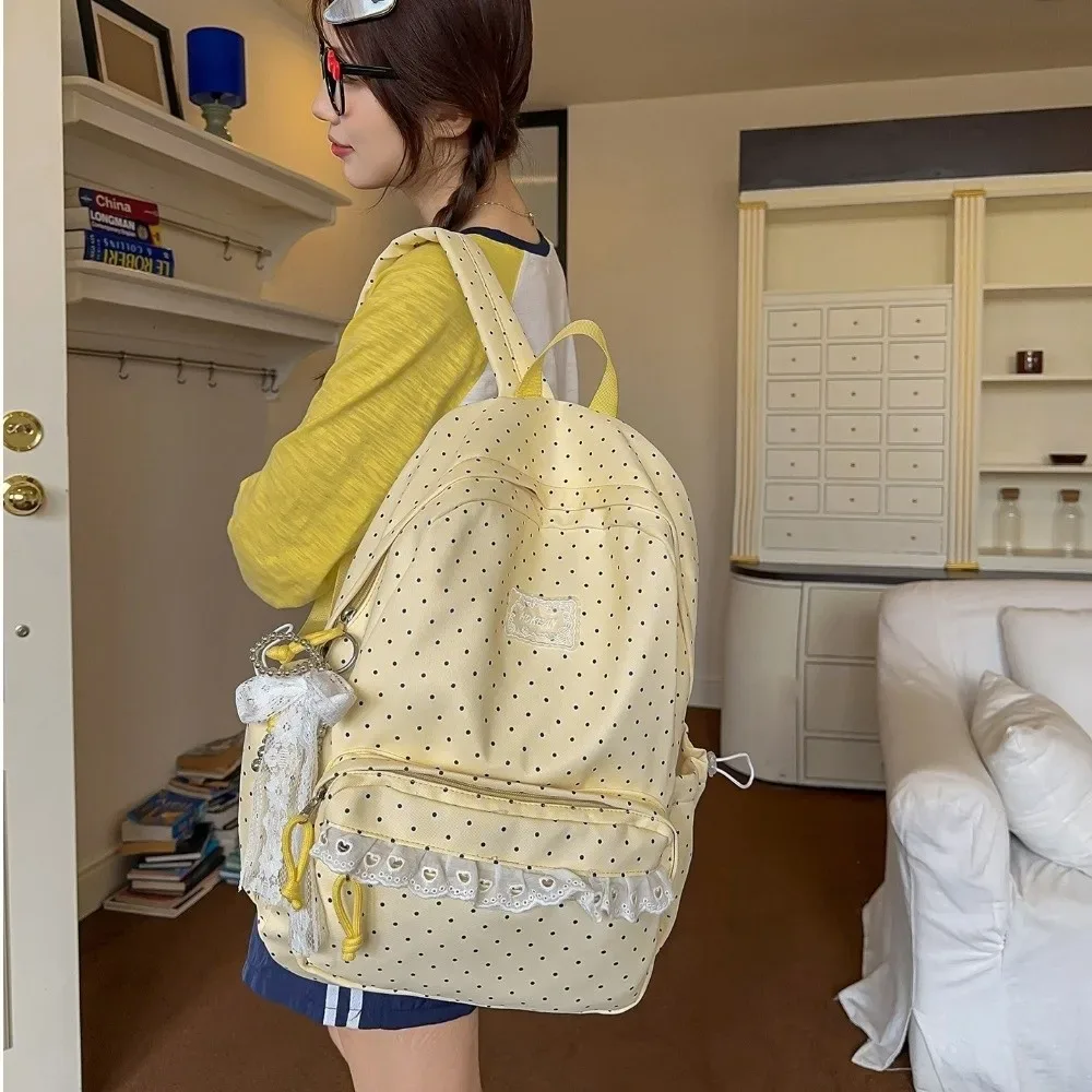 sac à dos de voyage mignon à pois, grande capacité, avec dentelle, cartable d'étudiant, sac à dos multi-poches en nylon pour ordinateur portable