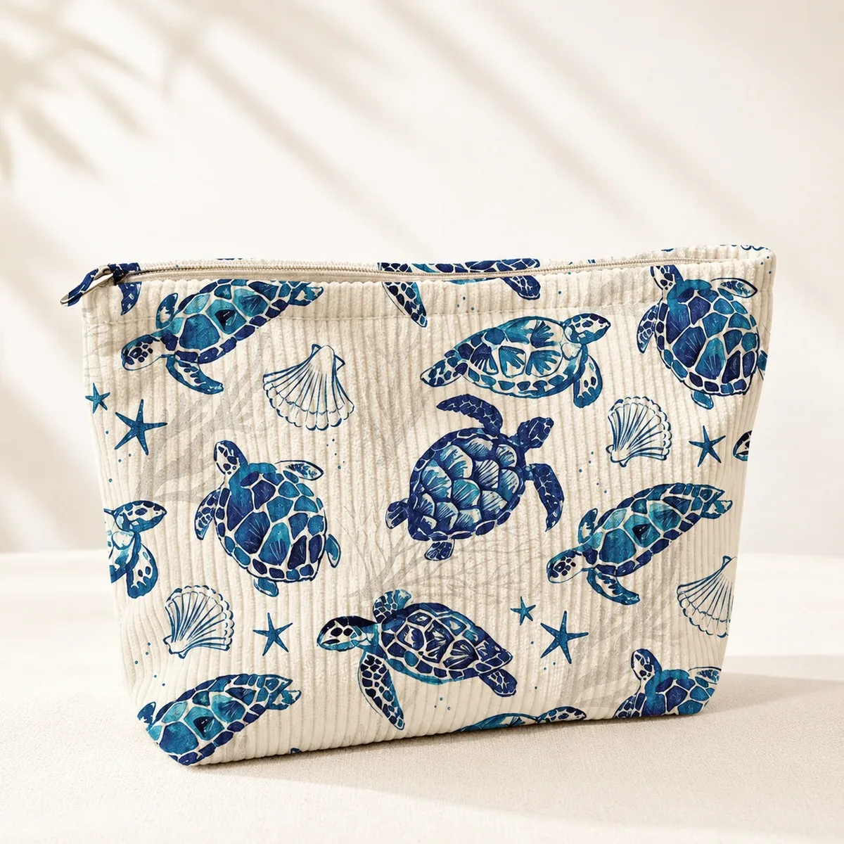 trousse de maquillage en velours côtelé bleu tortue marine grande capacité, organisateur de toilette de voyage pour femmes, essentiels de vacances à la plage