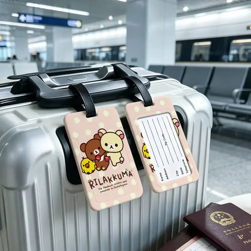 étiquette de bagage légère anti-perte en pvc kwaii cute p-rilakkumas bear avec pochette amovible pour carte d'information, accessoire de voyage pour sac à dos