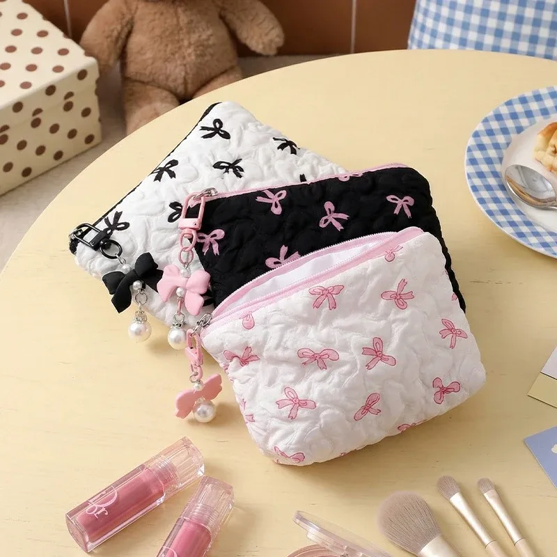 porte-monnaie mignon avec nœud, mini sac de rangement cosmétique, pochette portable à fermeture éclair pour femme, cadeau de voyage