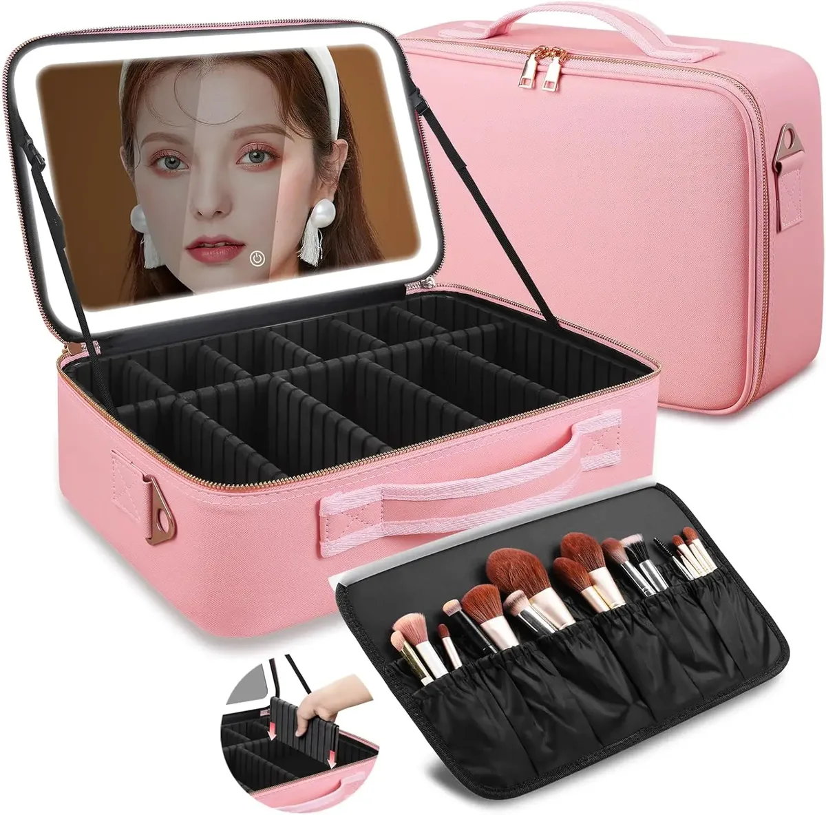 trousse de maquillage grande capacité 15''x11'' avec miroir led 3 couleurs, organiseur de maquillage, trousse de toilette de voyage