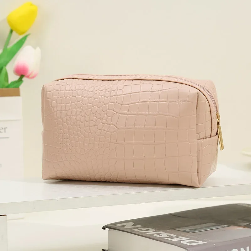 sac de maquillage imperméable en cuir pu tendance pour femmes, pochette cosmétique à motif crocodile gaufré, organiseur de voyage avec fermeture éclair