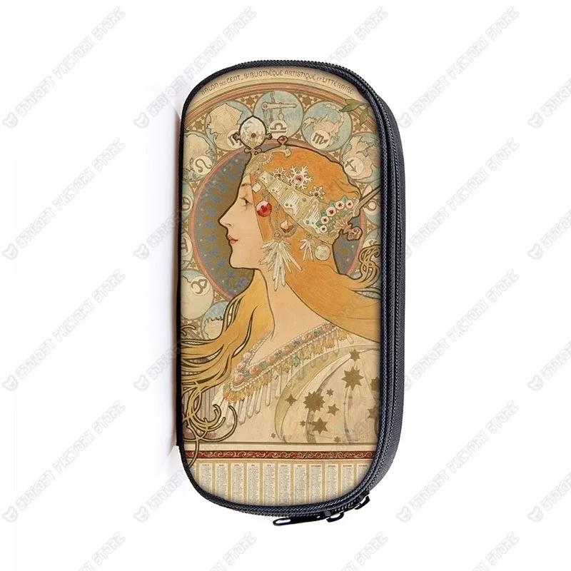 trousse de maquillage imprimée par alphonse mucha, trousse de maquillage pour femme, trousse de maquillage pour adolescent, étuis à crayons, étuis à cosmétiques
