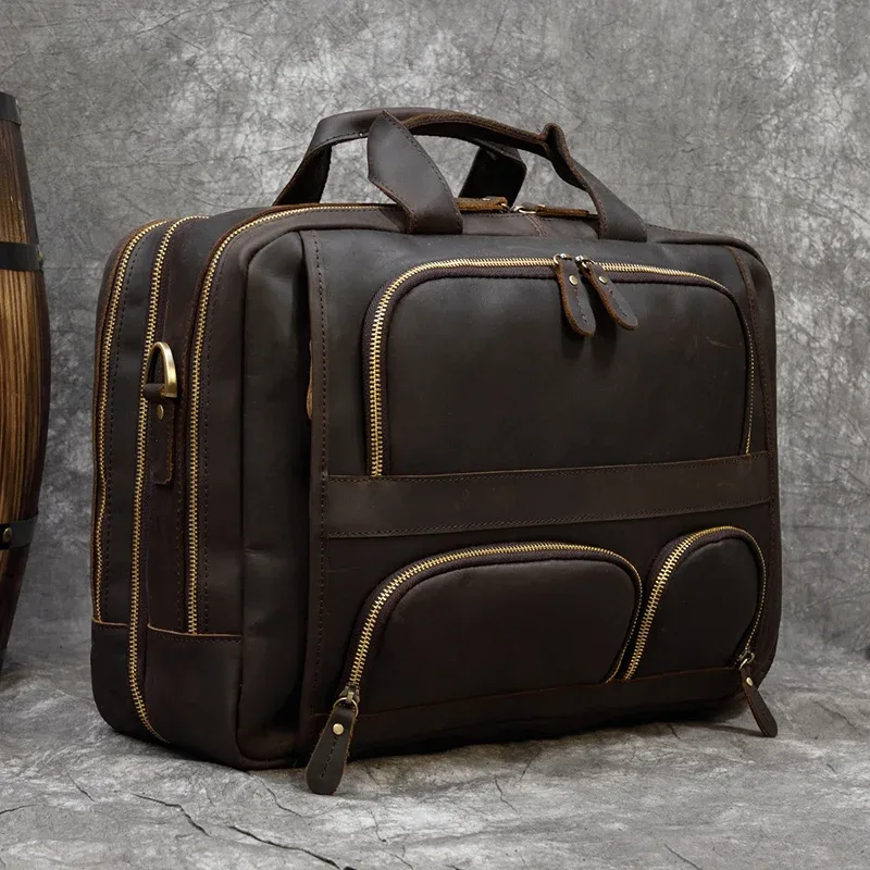 17.3 pouces mallette pour ordinateur portable en cuir véritable pochette d'ordinateur voyage d'affaires fourre-tout sacs à main pour hommes mâle grand bref étui sac rétro
