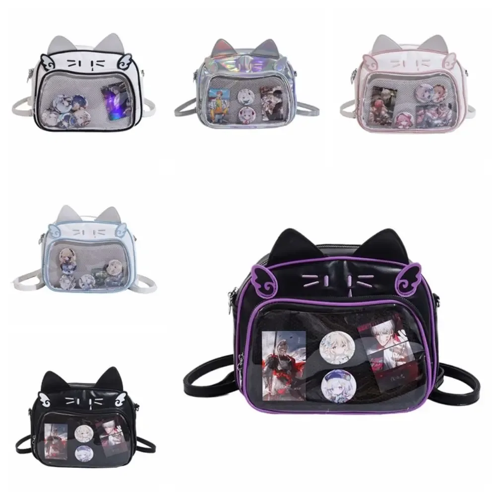 sac à fermeture éclair mignon, itabag chat kawaii, sac en coton pu, poche transparente, sac pour petits objets, sac de rangement pour badges, sacs à dos tendance pour filles