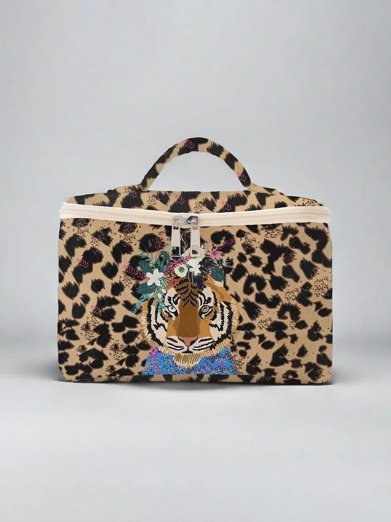1 pièce, cosmétiques de voyage portables imprimés à motif de tigre, sac de rangement de voyage de grande capacité, trousse de maquillage mignonne et à la mode