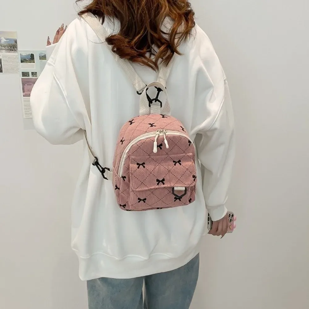 mini sac à dos en velours côtelé avec nœud imprimé, sac à bandoulière léger, sac de rangement cosmétique multi-couches, sac à dos quotidien