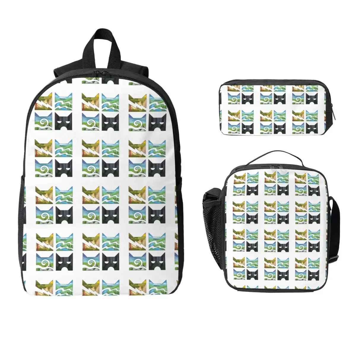 guerrier chats couleur roue sac à dos étudiant garçons filles bookbag sac d'école ordinateur portable sacs à bandoulière 3ps sac à déjeuner isolé trousse à crayons