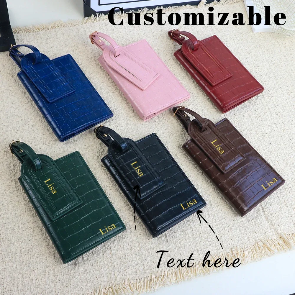 Ensemble d'étiquettes de bagages et porte-passeport en cuir PU à motif crocodile personnalisé pour accessoires de bagages