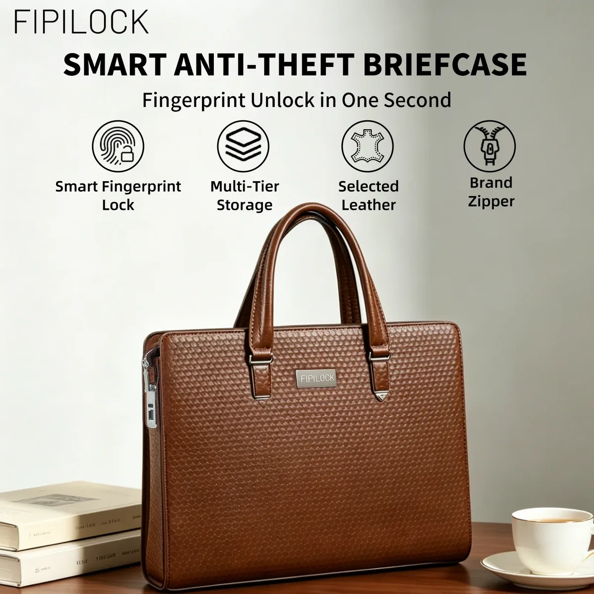 fipilock – sacoche pour ordinateur portable en cuir, porte-documents rigide pour hommes, sacs à main de luxe avec déverrouillage intelligent par empreinte digitale, sac d'ordinateur professionnel