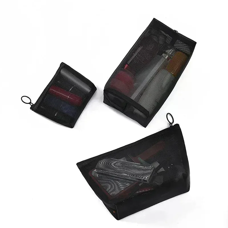 sacs à cosmétiques transparents en maille portables, petit grand sac de maquillage noir, étui de rangement de toilette de voyage, pochette de rangement de rouge à lèvres