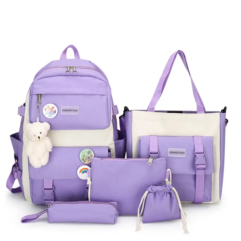 sac à dos d'école multifonction pour fille, ensemble combiné de 5 pièces, mode coréenne mochila kawaii, grande capacité, violet, rose, 2024