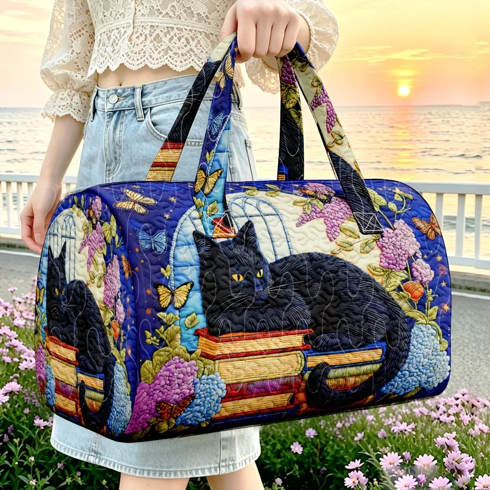sac de voyage pour femme, grande capacité, motif chat noir, livre, hortensia, ciel étoilé, sac à main de week-end, sac de voyage de loisirs à motif papillon et fleur.