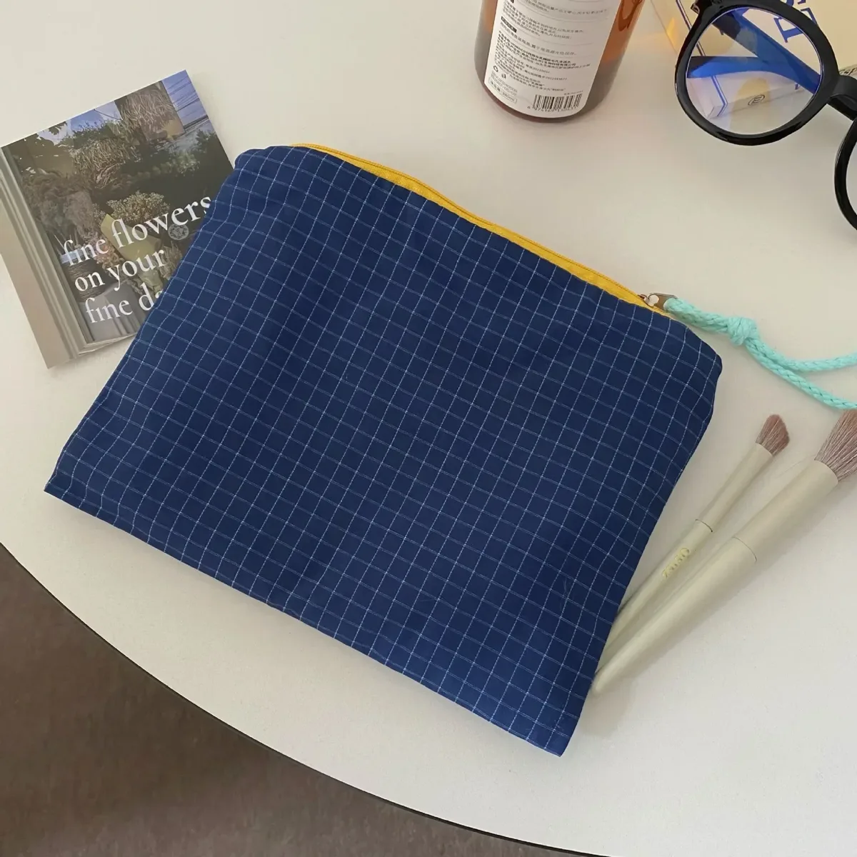 nouvelle trousse de maquillage à carreaux pour femme, grande capacité, en coton, avec fermeture éclair, pochette de voyage, sac cosmétique, nécessaire féminin