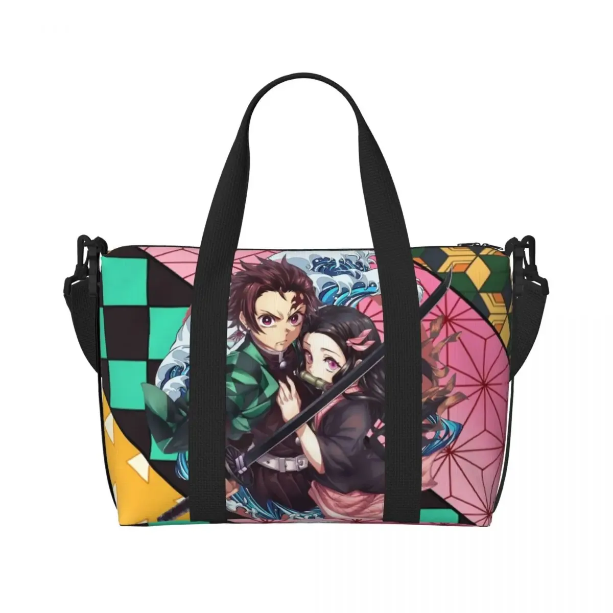 sac fourre-tout de plage personnalisé demons slayers anime manga pour femmes, tanjiro kamado nezuko, grand compartiment, sacs de voyage de plage de gym