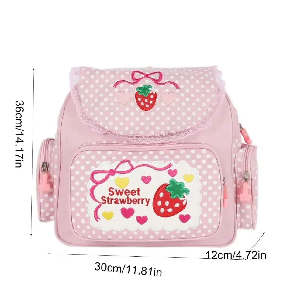 sac à dos décontracté pour fille, motif fraise de dessin animé, broderie nœud, grande capacité, pour étudiante