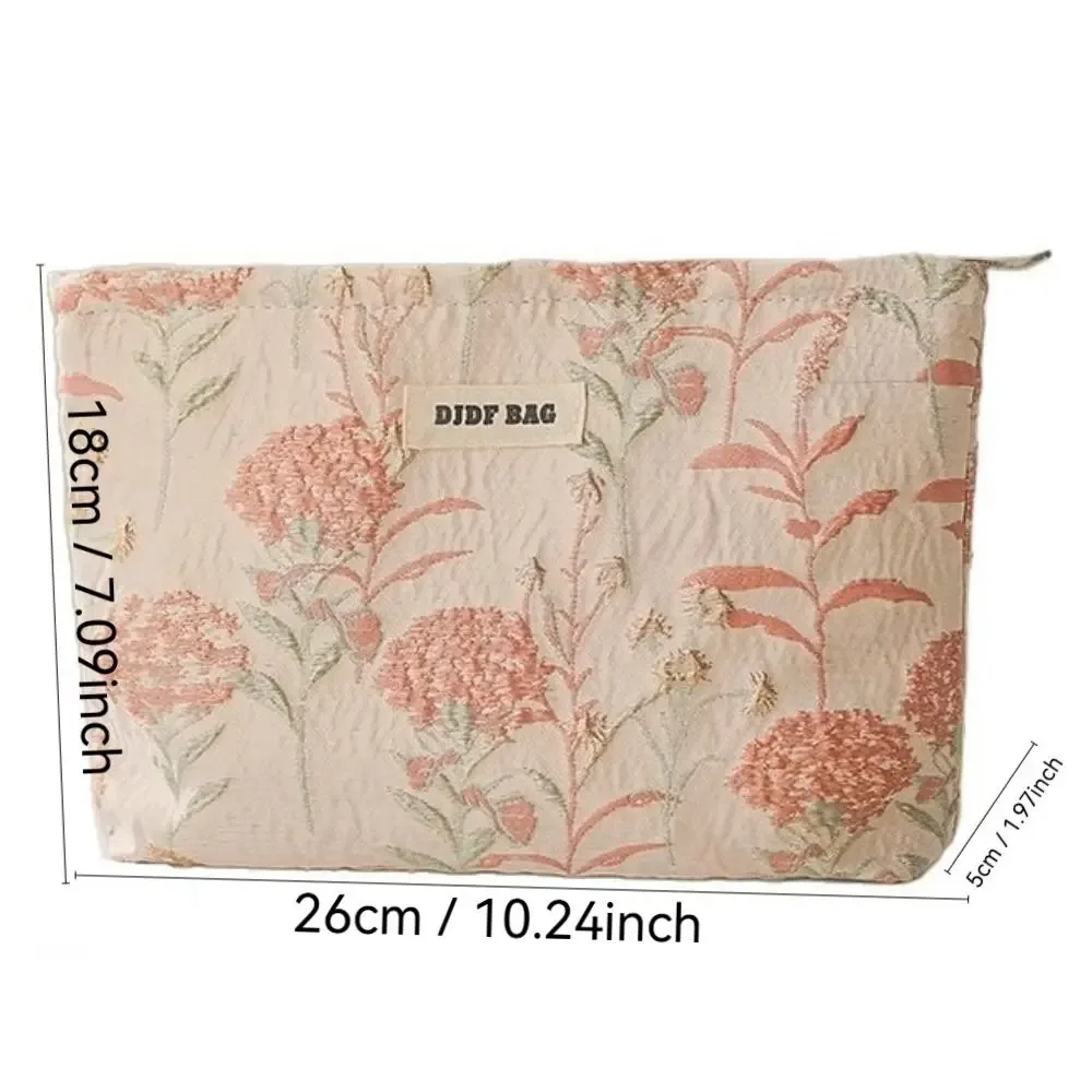 sac de maquillage de grande capacité à la mode, sac cosmétique brodé de fleurs couleur crème, sac de rangement pour articles de toilette et soins de la peau avec fermeture éclair pour femmes