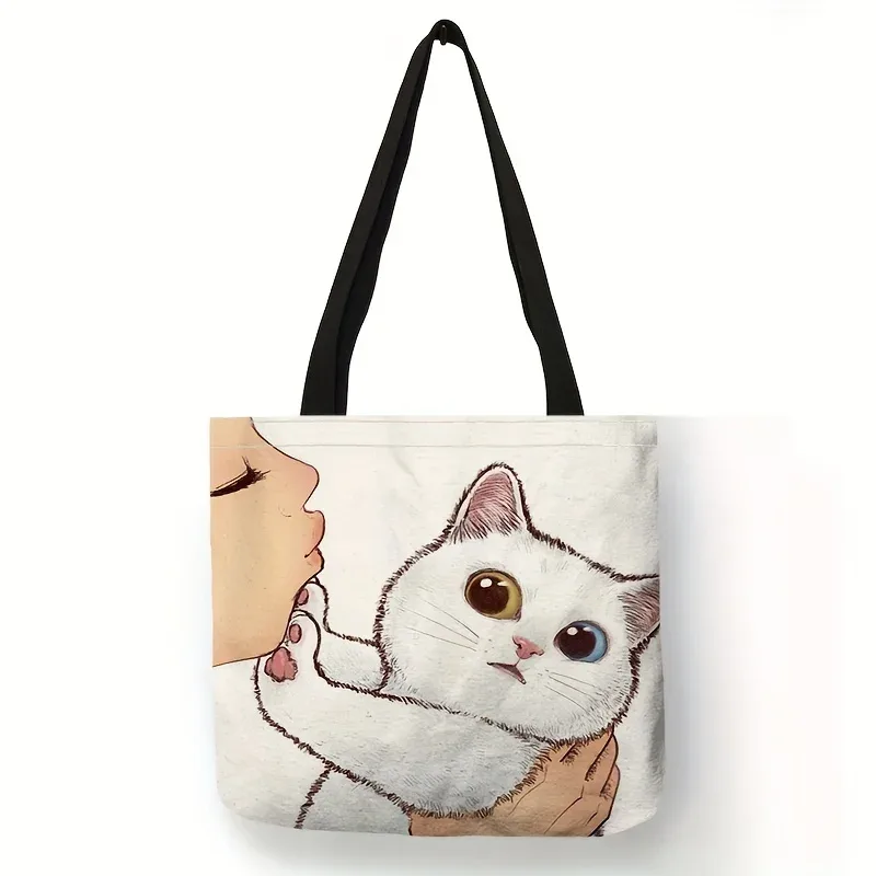 sac fourre-tout imprimé chat de dessin animé mignon, sac à bandoulière de grande capacité, sac à main décontracté pour femmes pour le travail, l'école et le shopping
