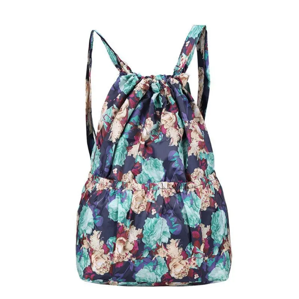 sac à cordon imprimé floral décontracté, sac de shopping portable en polyester imperméable, sacs à dos pliables légers pour adolescentes