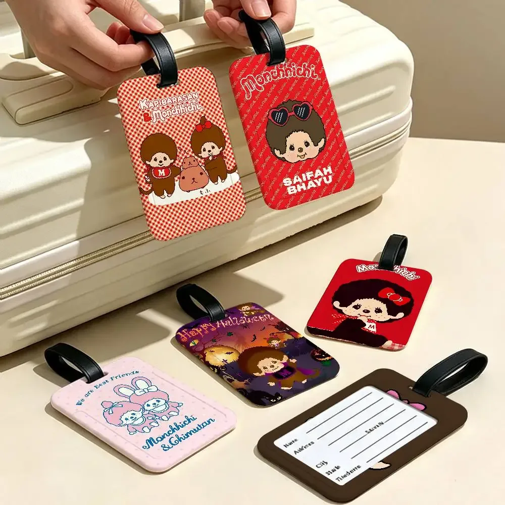 étiquette de bagage de voyage en pvc, motif dessin animé lawaii anime m-monchhichi, avec porte-carte d'informa