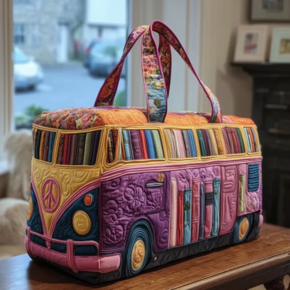 sac de voyage matelassé 3d tendance, motif bus, grande capacité, sac à main rétro bohème, sac de sport robuste pour les sorties quotidiennes