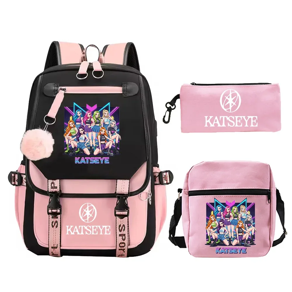 nouveau sac à dos imprimé katseye, 3 pièces/ensemble, sacs d'école pour filles, sac à dos de voyage pour adolescentes, sac à dos de haute qualité, sac à bandoulière, trousse à crayons