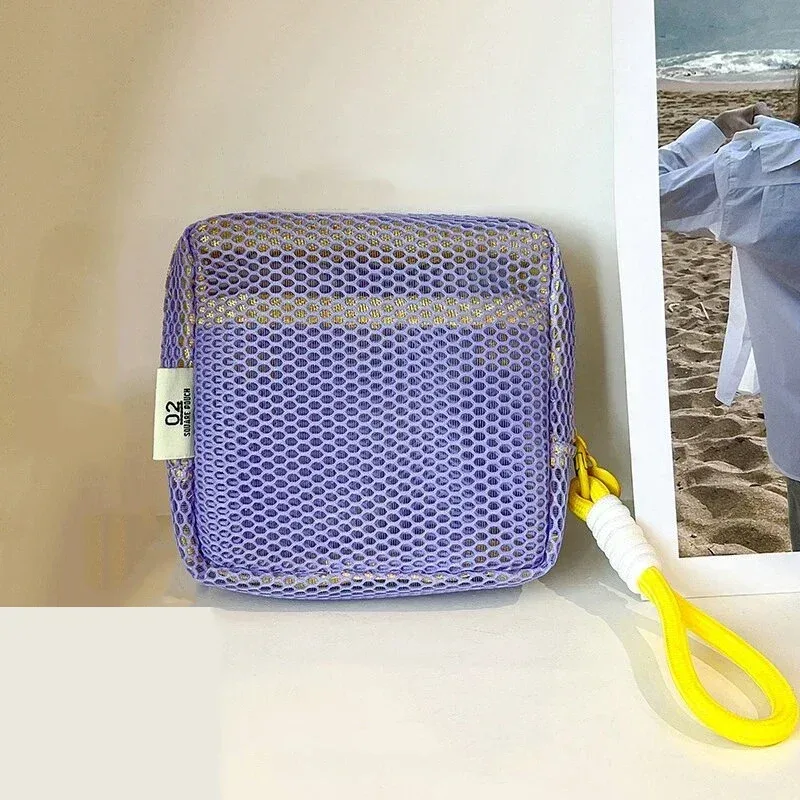 mini pochette en maille dopamine, étui carré coloré pour écouteurs, trousse à cosmétiques portable pour rouge à lèvres, organiseur de rangement respirant pour articles de toilette
