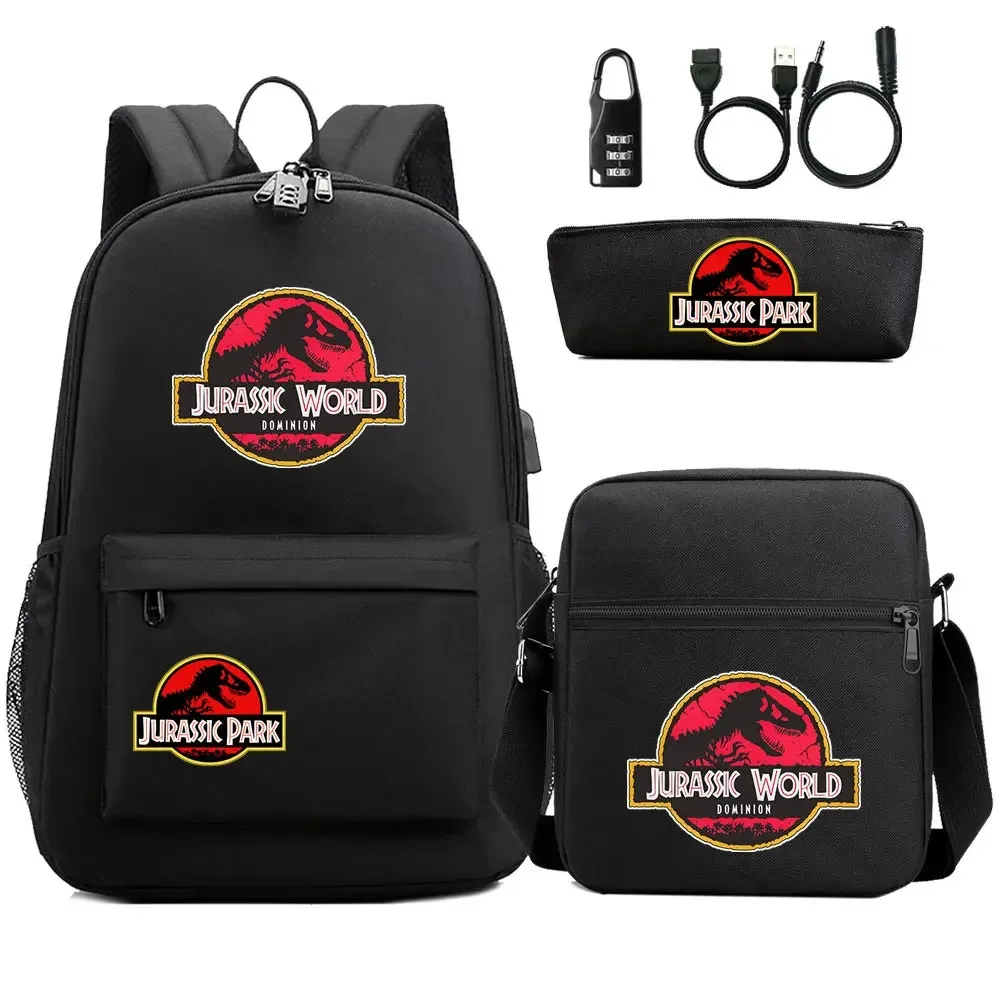dinosaure jurassic park world 3 pièces usb antivol serrure garçon fille enfants école livre sacs voyage sac à dos sac à bandoulière stylo sac