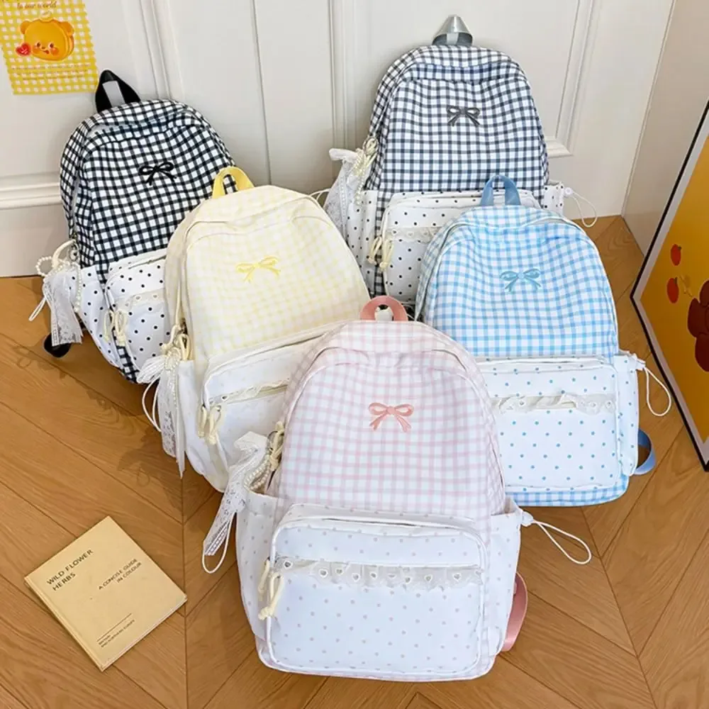 sac à dos tendance à pois, à carreaux, avec nœud et bordure en dentelle, durable et léger, idéal pour les étudiants et l'utilisation en extérieur.