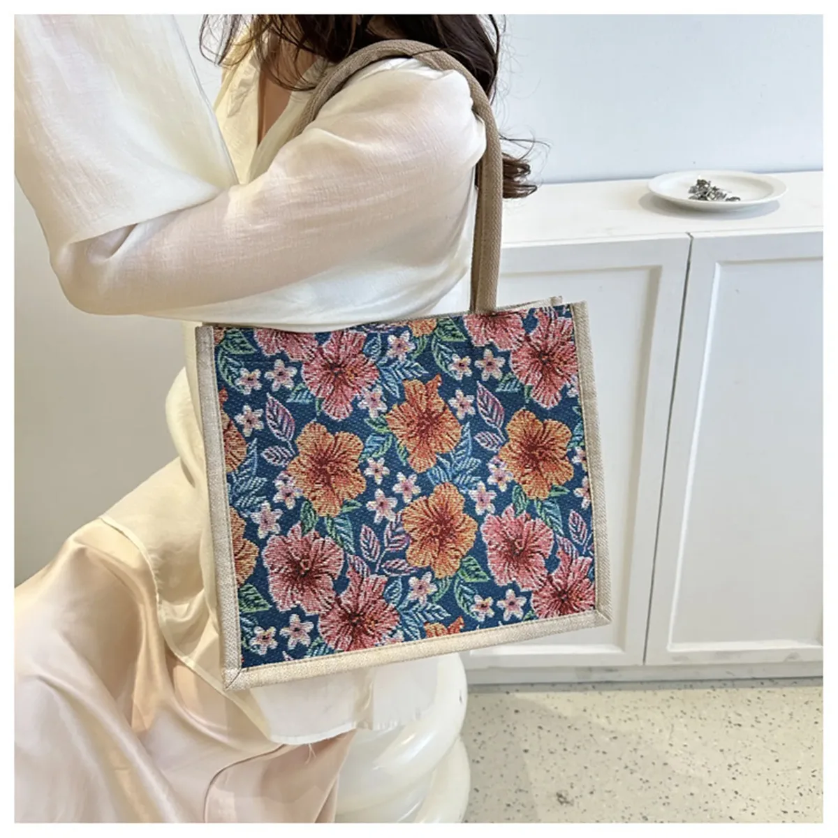 sac fourre-tout en coton et lin pour femmes, sac à main décontracté pour étudiants, sac à main initié, grande capacité, sacs de plage réutilisables, sac à provisions, document esthétique