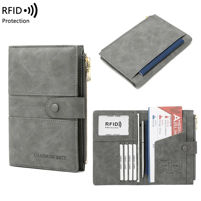 Sac de passeport bloquant RFID, couleur unie PU, portefeuille à boucle zippée, porte-carte de billet, porte-passeport de voyage multifonctionnel