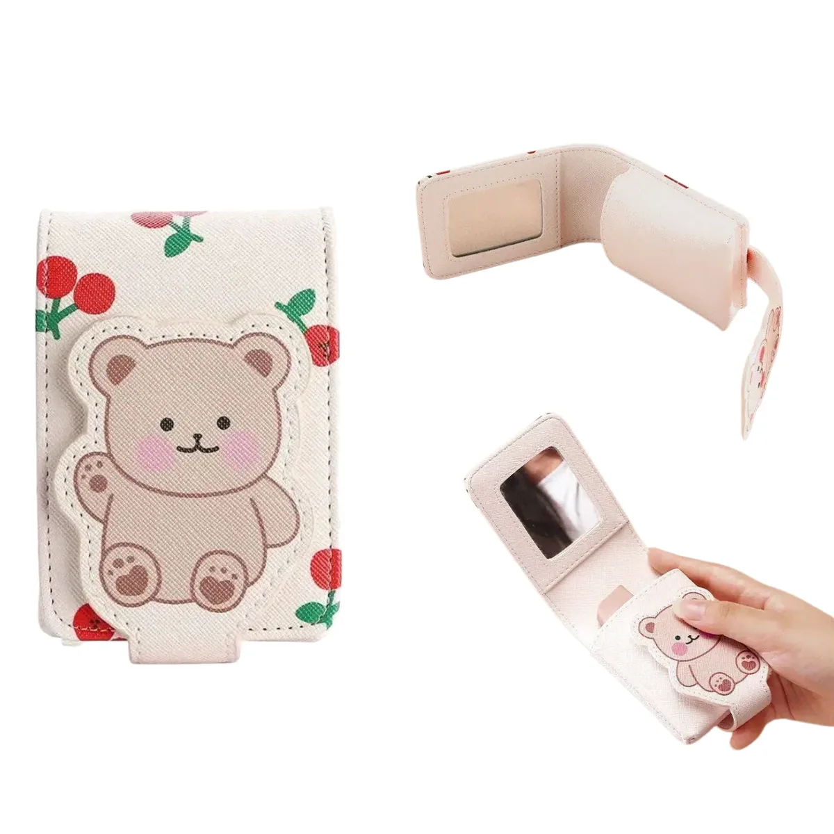 Étui de rangement pour rouge à lèvres Fashion Cherry Bear pour femmes, étui de voyage pour rouge à lèvres avec miroir, porte-rouge à lèvres en cuir pour filles