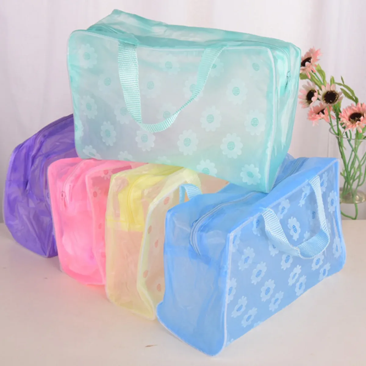 sac de maquillage transparent étanche en pvc, avec fermeture éclair et poignée, pour voyage, salle de bain, rangement, organisateur de cosmétiques