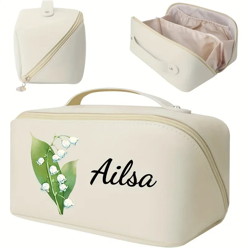 trousse de maquillage personnalisée avec fleurs et nom, trousse de maquillage à fermeture éclair, trousse de maquillage grande capacité pour femmes