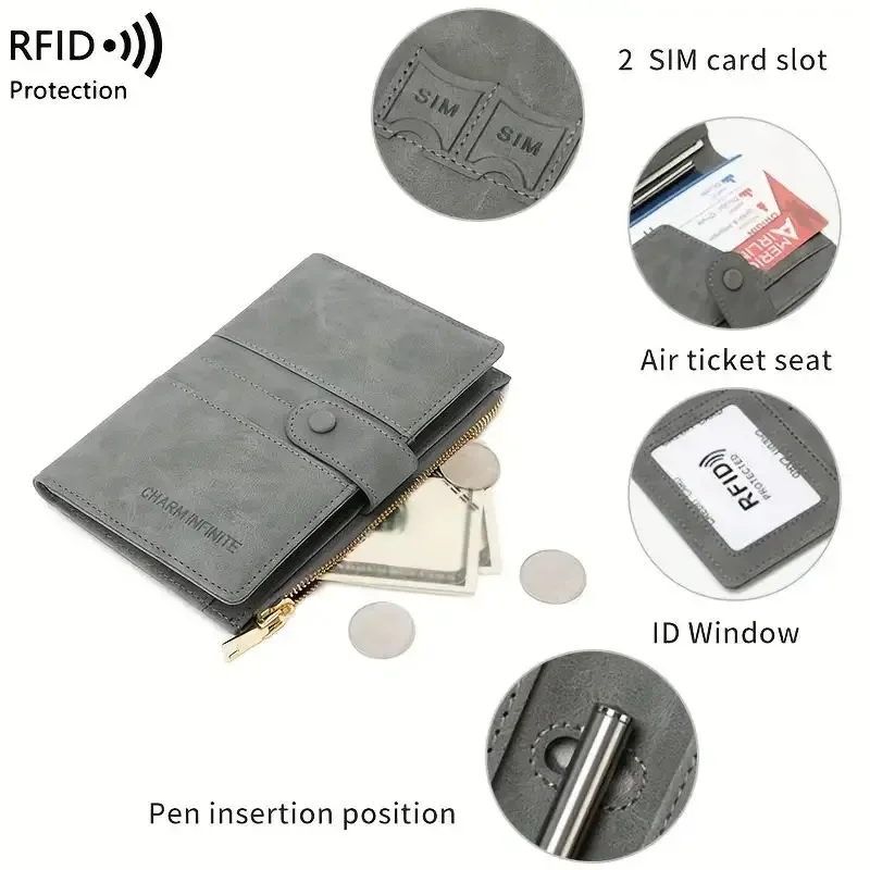 sac de passeport bloquant rfid, couleur unie pu, portefeuille à boucle zippée, porte-carte de billet, porte-passeport de voyage multifonctionnel