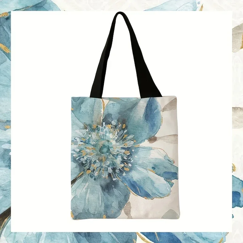 Sac fourre-tout à imprimé floral pour femme – Sac à bandoulière multifonctionnel réutilisable de grande capacité avec motif aquarelle bleue et dorée