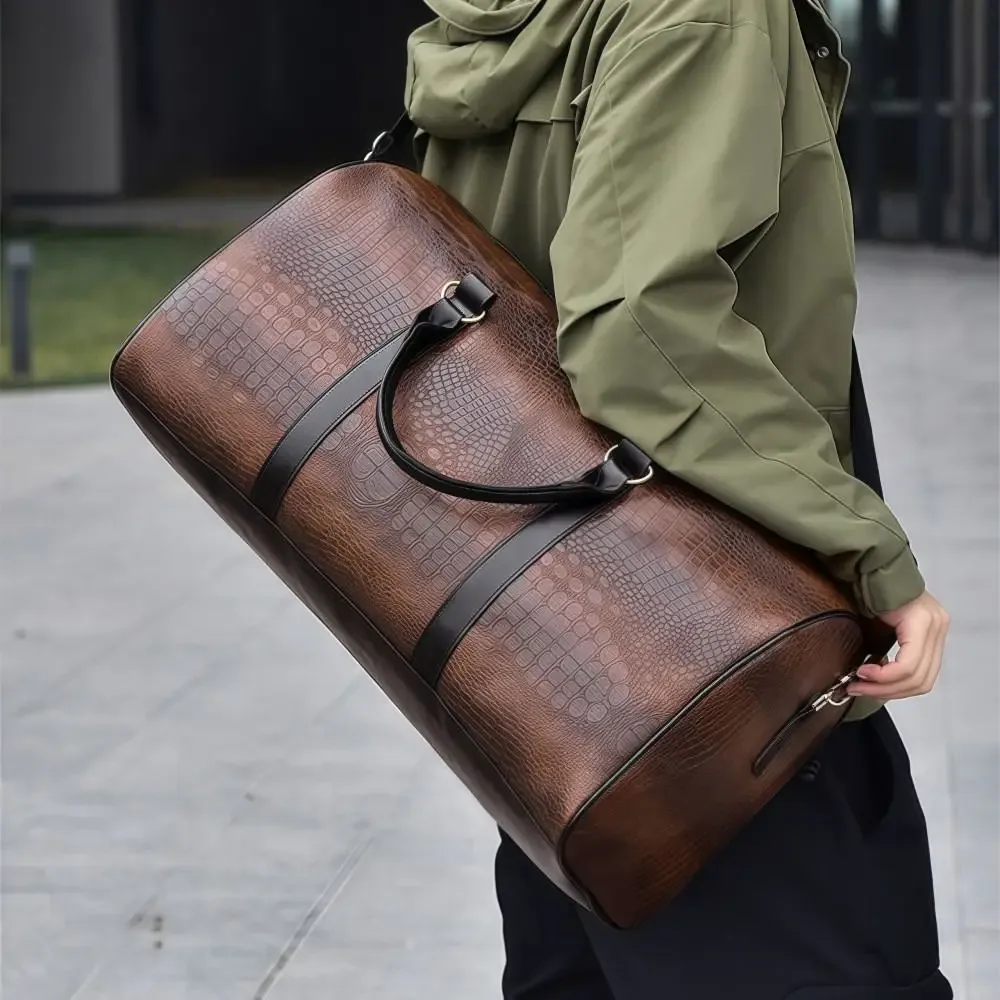sac de voyage en cuir pu texturé crocodile, bagage de vacances rétro, grande capacité, sac à main durable pour voyage d'affaires, pour hommes et femmes