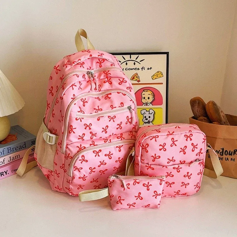 3 pièces/ensemble mode coréenne nœud imprimé femmes mode sac à dos léger simple étudiant sac d'école sangle réglable voyage sac à dos