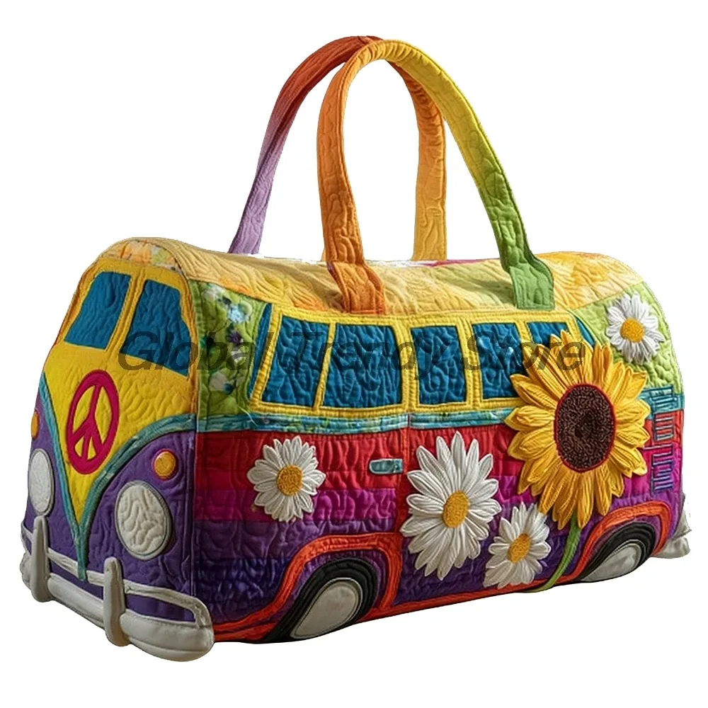 sac de voyage matelassé pour homme, motif floral et bus de la paix, sac fourre-tout décontracté pour femme, sac de week-end