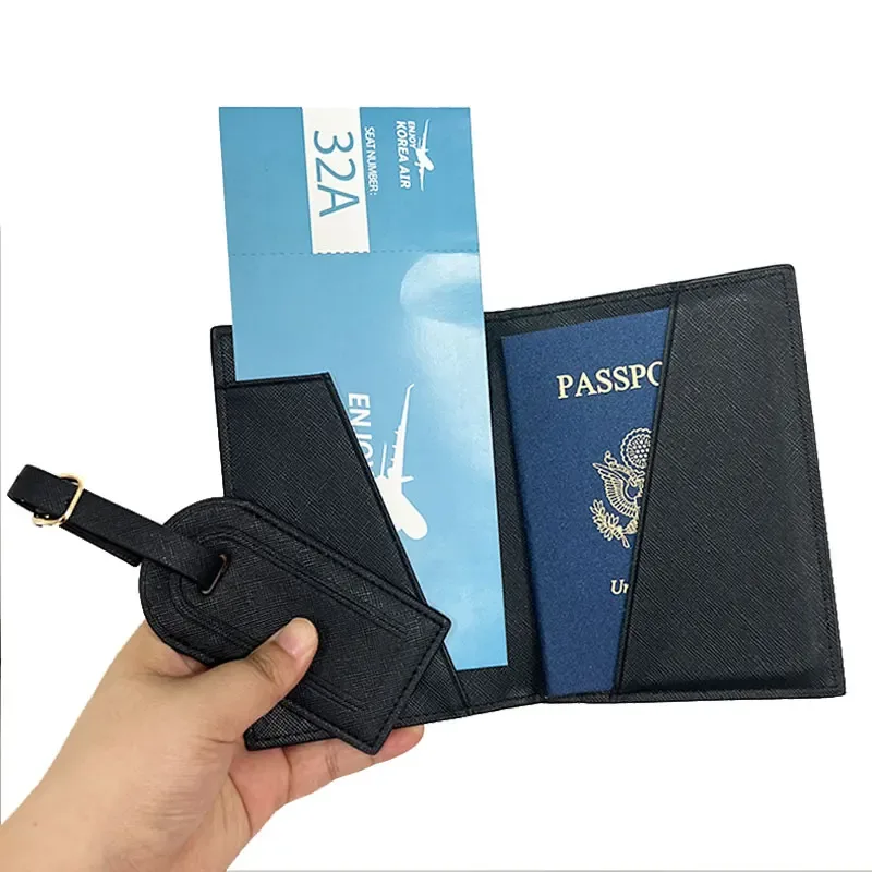 saffiano-couverture de passeport en cuir pu avec nom personnalisé, étiquettes à bagages, porte-passeport, étiquette de valise de voyage, accessoires d'embarquement