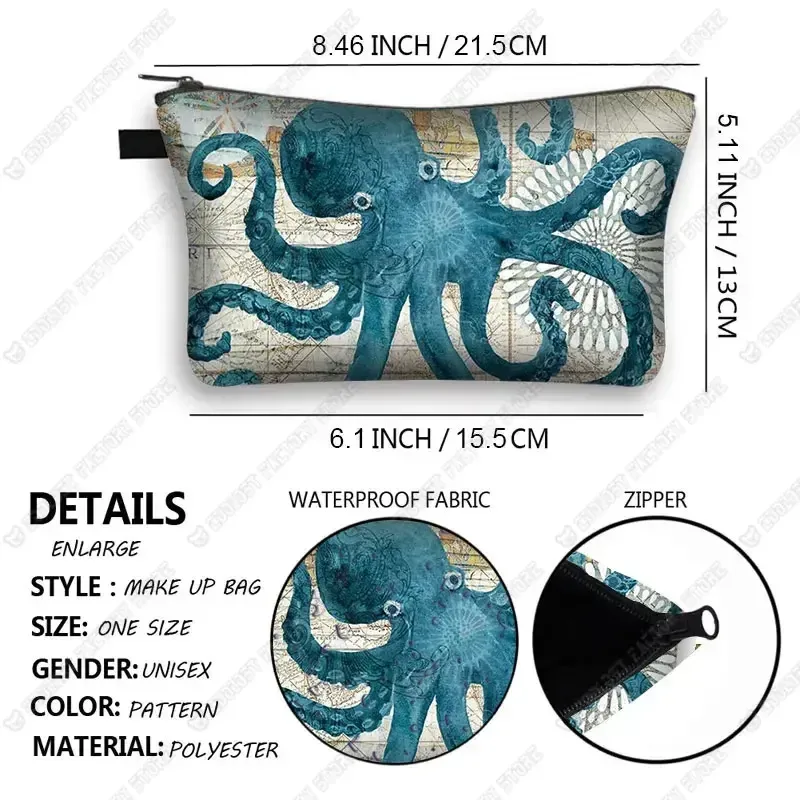 trousse à cosmétiques imprimée poulpe/tortue de mer/hippocampe, trousse de maquillage de voyage pour dames et filles